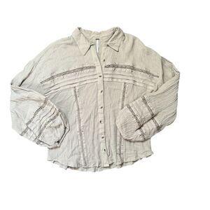 Free People Summer Stars Buttondown Peasant Shirt Size L Tan Crochet Crinkled